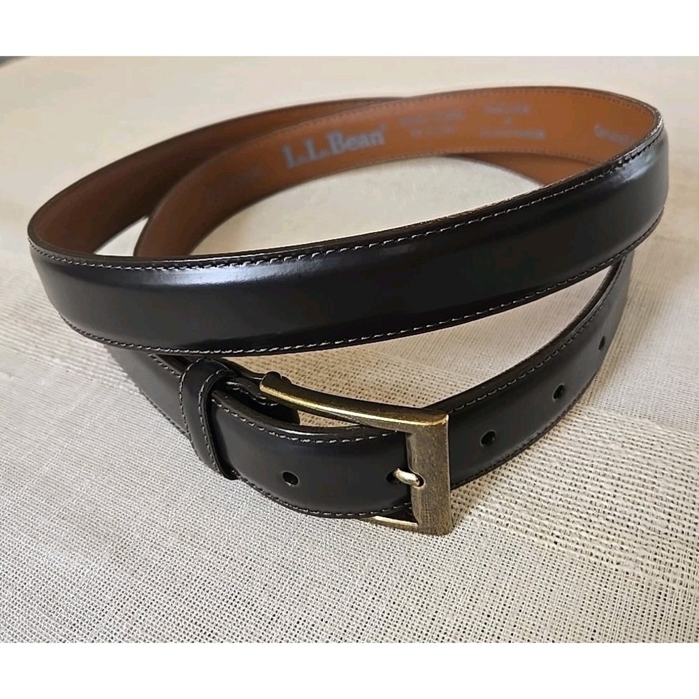 LL Bean Men's Brown Leather Belt Sz 46 Gold Buckle 1.25" Wide 265890 Made in USA